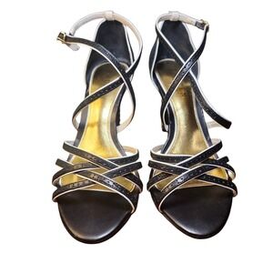 Ralph Lauren Black and White Sasha Patterned Heel Straps Sandals Buckle Size 7.5